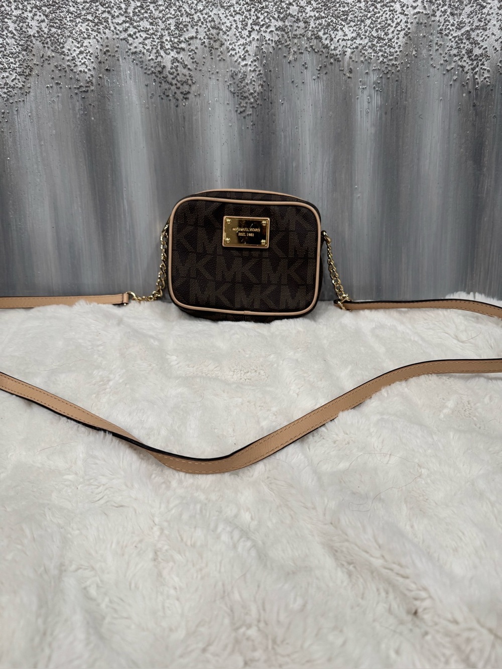 Michael Kors Brown Monogram Crossbody with Tan Trim